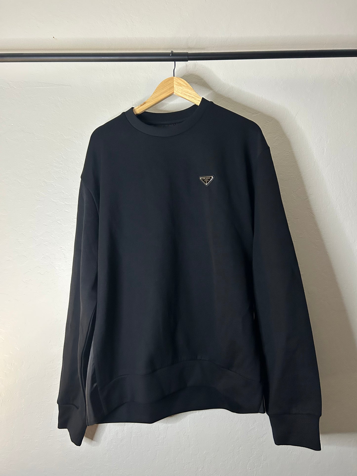 Prada Nylon Triangle Logo Rib Crewneck