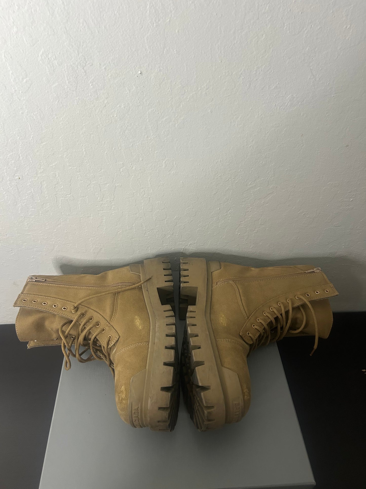 Balenciaga Tan Distressed Strike Boots