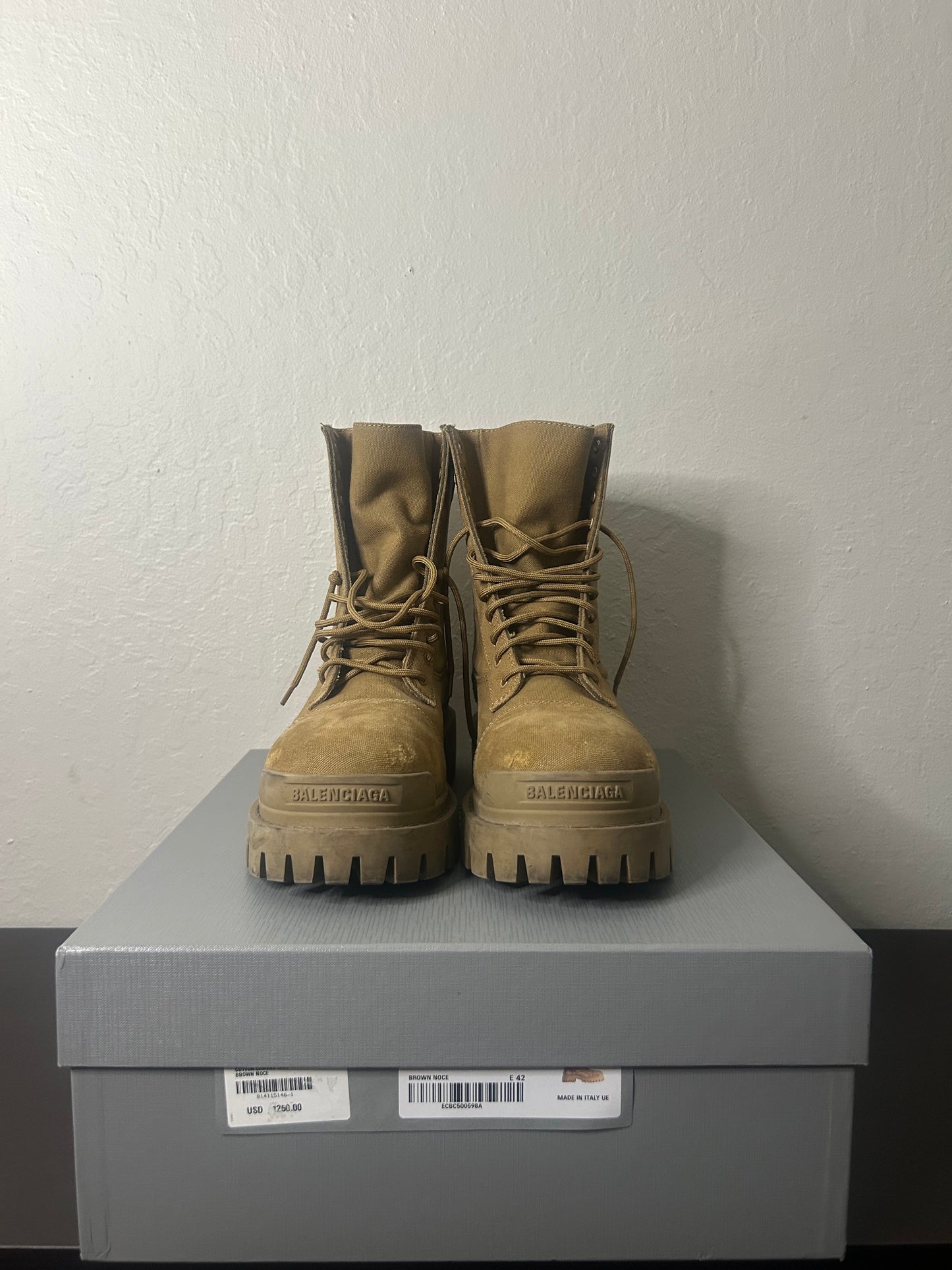 Balenciaga Tan Distressed Strike Boots