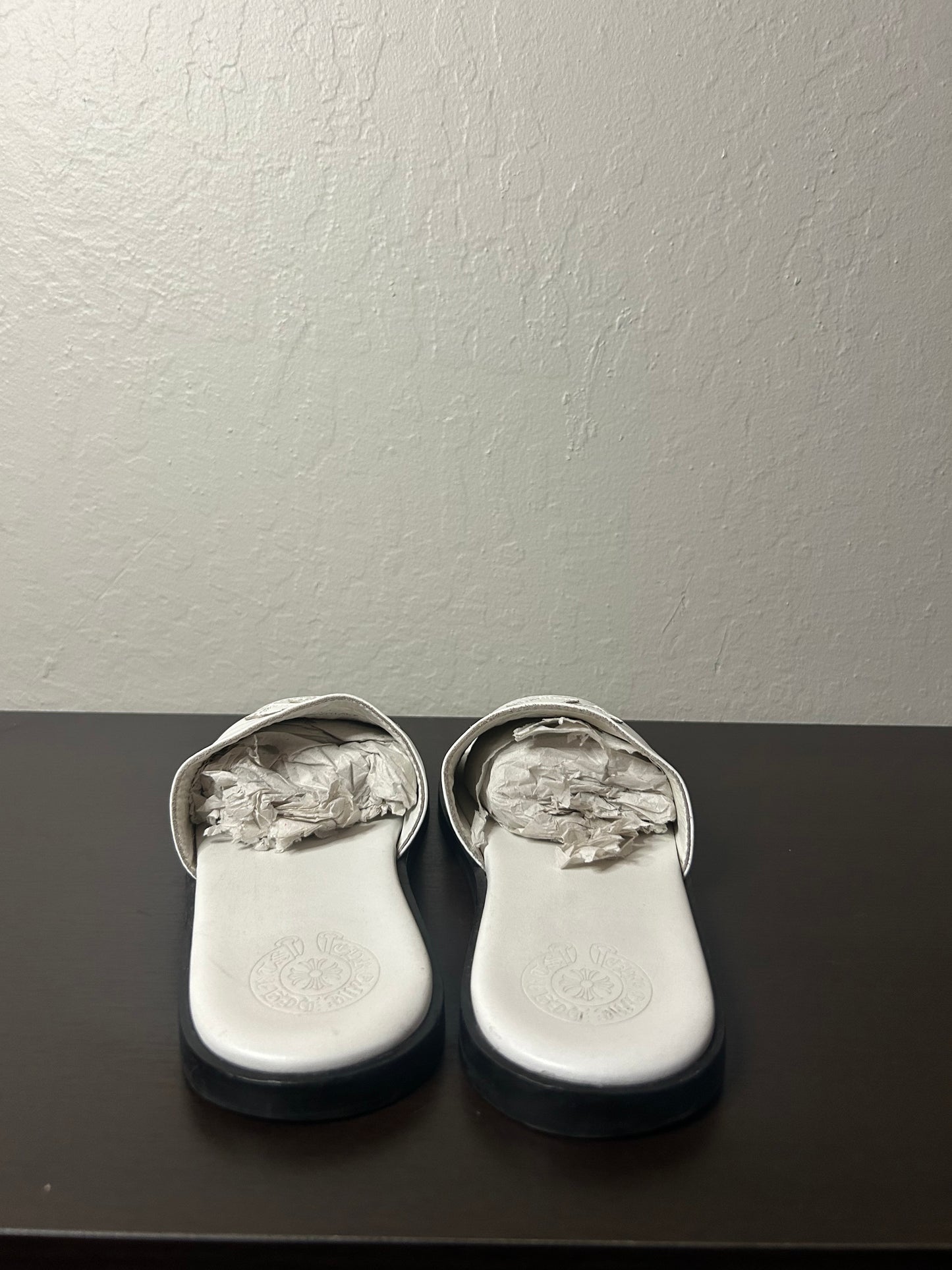 Chrome Hearts White Leather Cross Slides