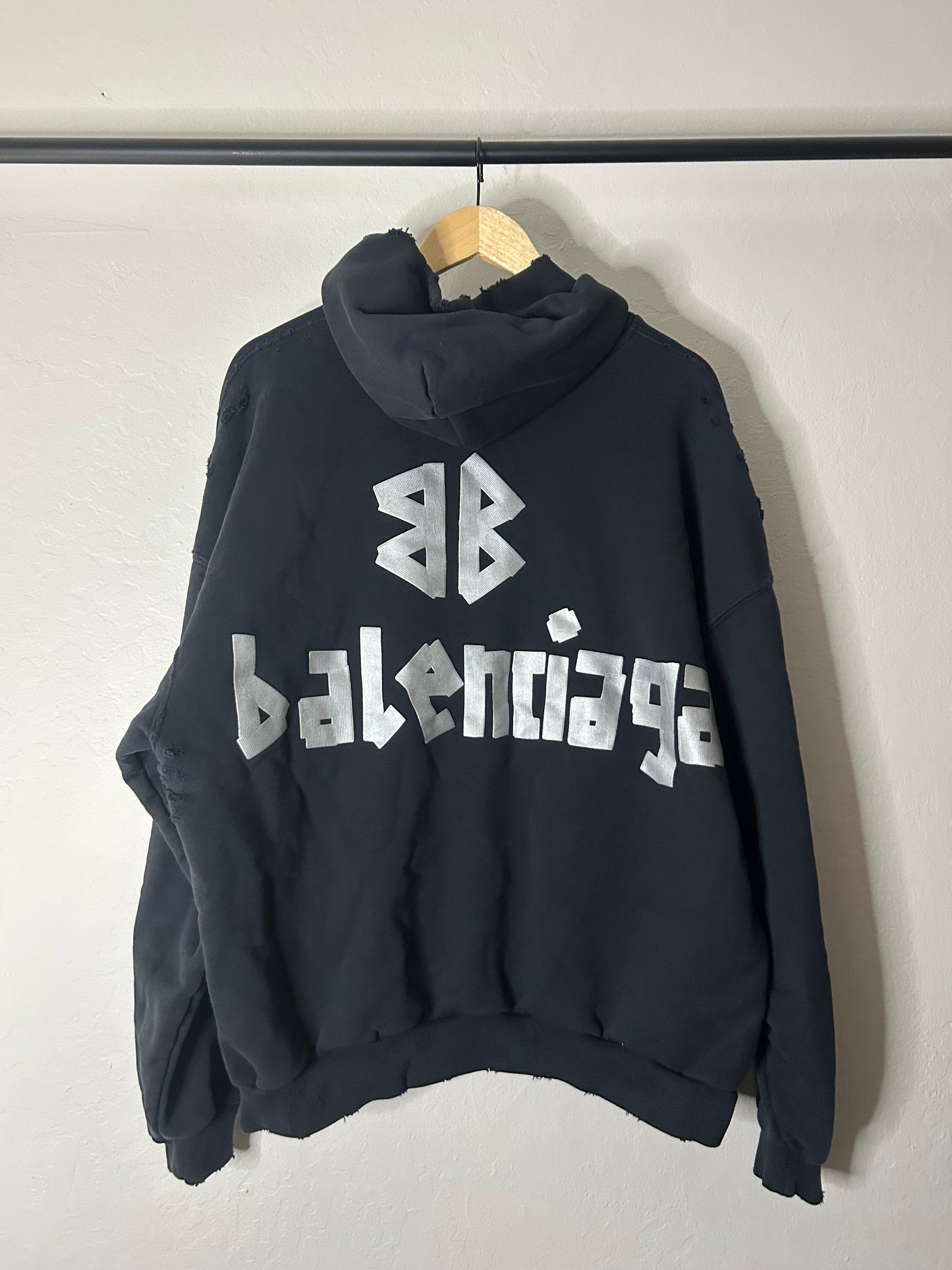 Balenciaga Black and Silver Tape Logo Hoodie
