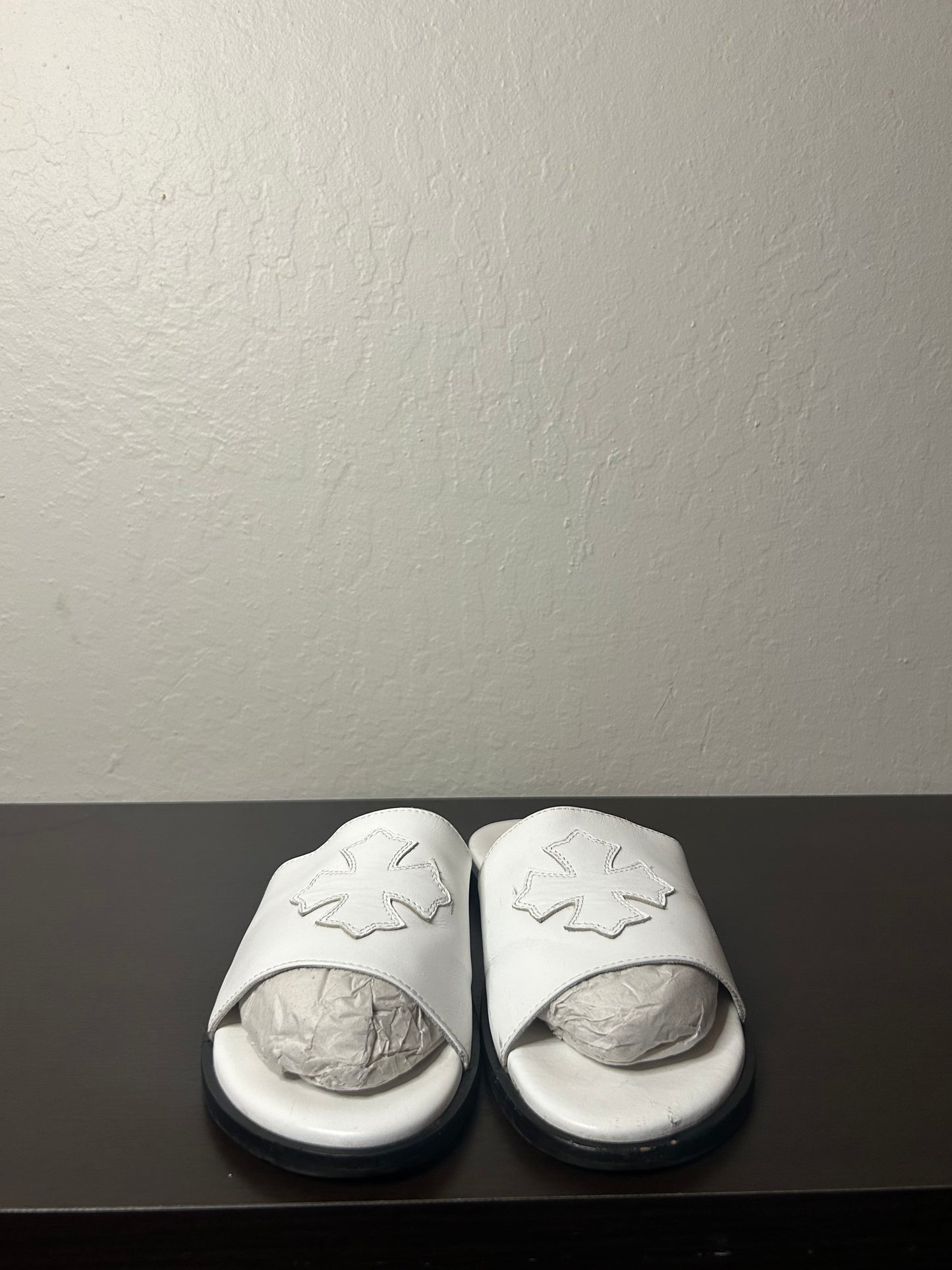 Chrome Hearts White Leather Cross Slides