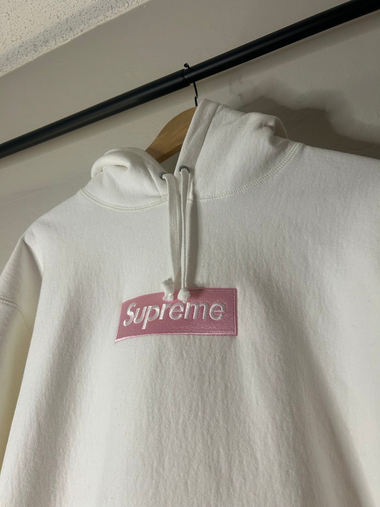 Supreme White and Pink Box Logo Hoodie