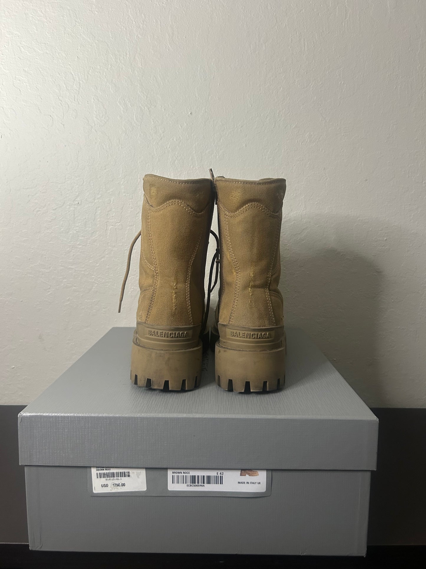 Balenciaga Tan Distressed Strike Boots