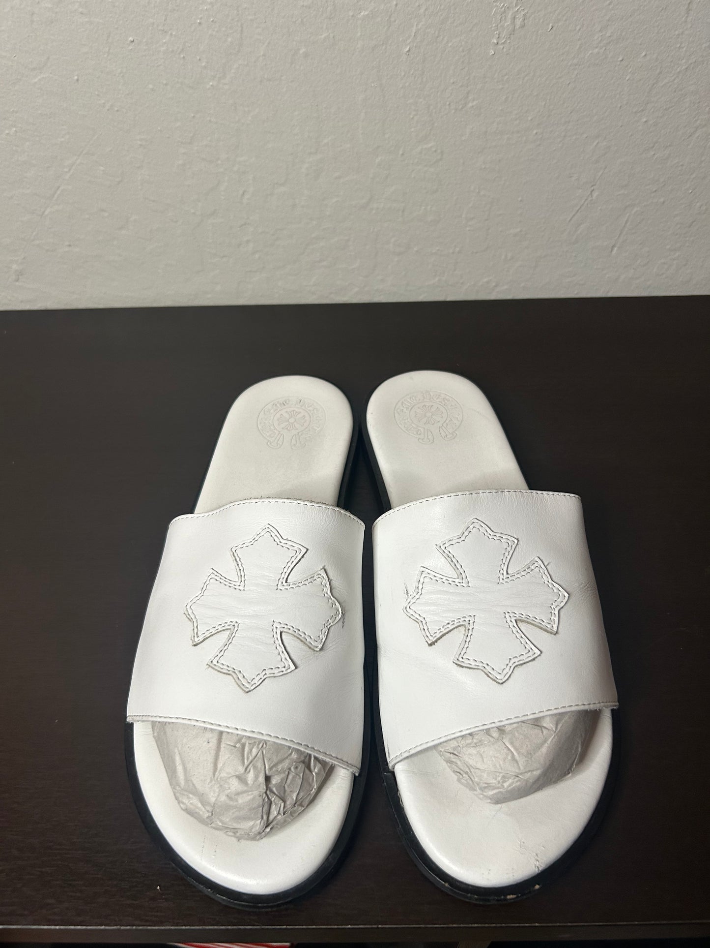 Chrome Hearts White Leather Cross Slides