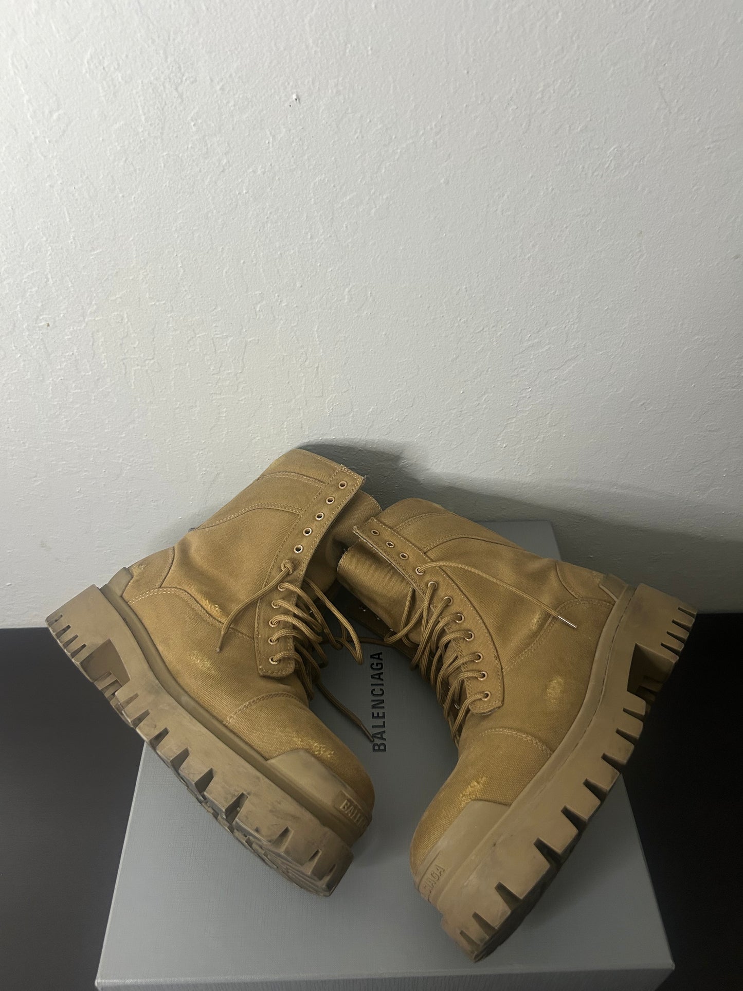 Balenciaga Tan Distressed Strike Boots