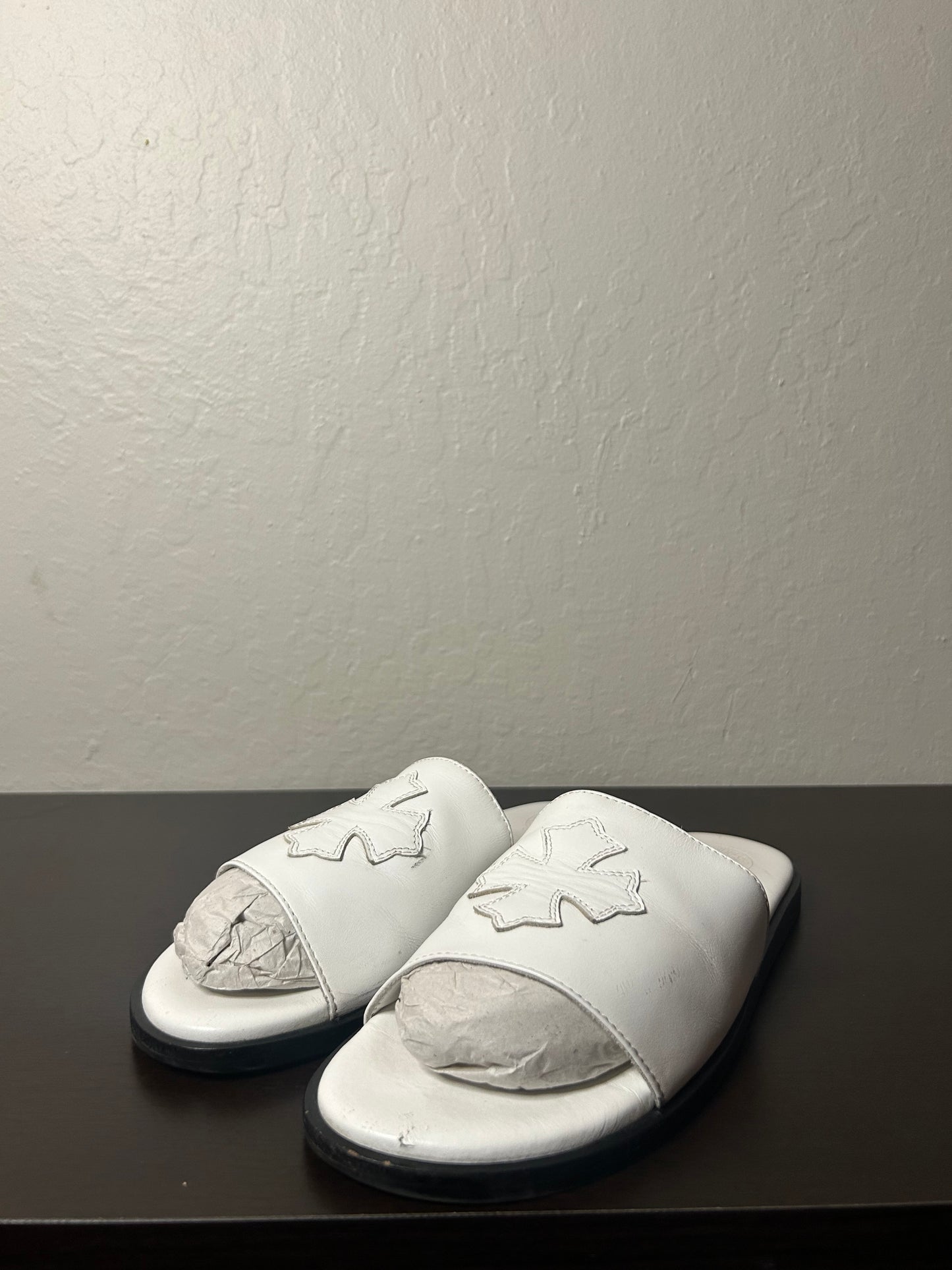 Chrome Hearts White Leather Cross Slides