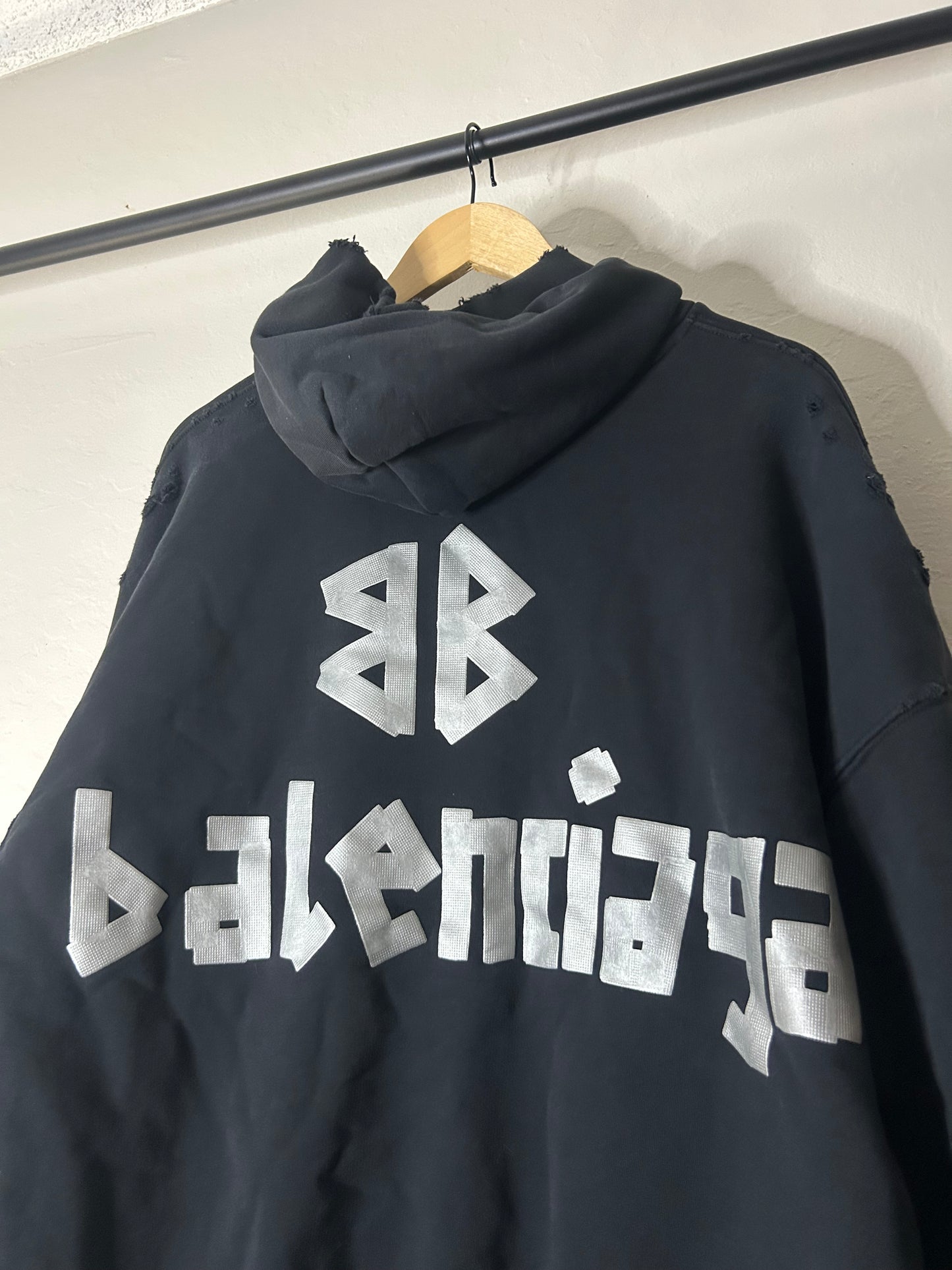 Balenciaga Black and Silver Tape Logo Hoodie