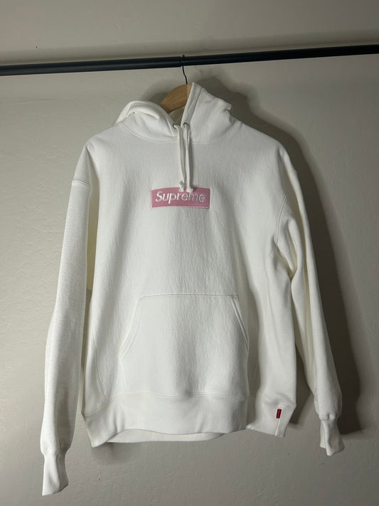 Supreme White and Pink Box Logo Hoodie