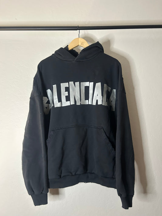 Balenciaga Black and Silver Tape Logo Hoodie