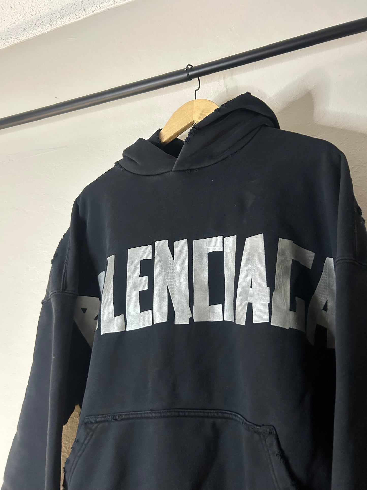 Balenciaga Black and Silver Tape Logo Hoodie